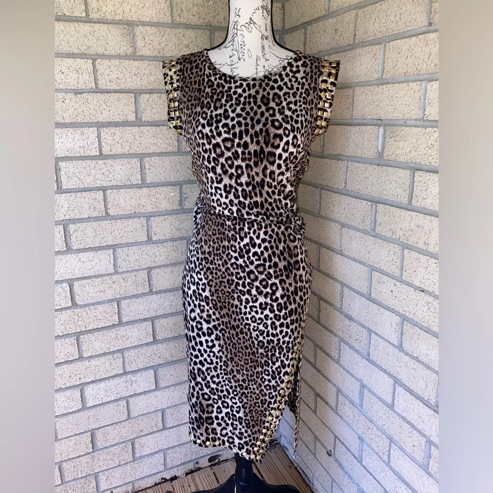 Michael Kors Side Slit Gold Studded Leopard Print Dress Side Ruched Dress